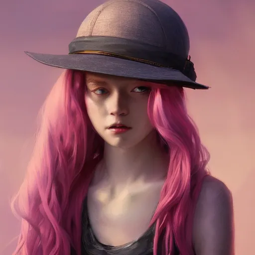 Prompt: a photorealistic dramatic fantasy render of a pink coloured haired young girl with a black hat on her head by wlop, artgerm, greg rutkowski, alphonse mucha, beautiful dynamic dramatic dark moody lighting, shadows, cinematic atmosphere, artstation, concept design art, octane render, 8 k