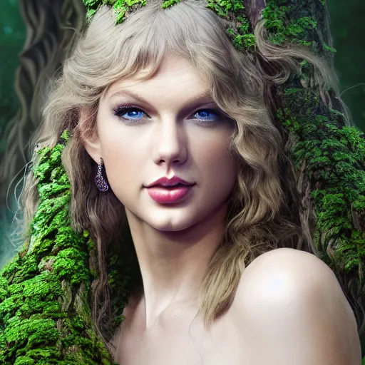 Prompt: Portrait of Taylor Swift as a dryad, characteristic sparkling green eyes, looking straight to the camera, illuminated for rays of light, behind her is an ancient forest full of life, by Annie Leibovitz, Ellie Victoria Gale and Steve McCurry, matte painting, oil painting, naturalism, 4k, 8k