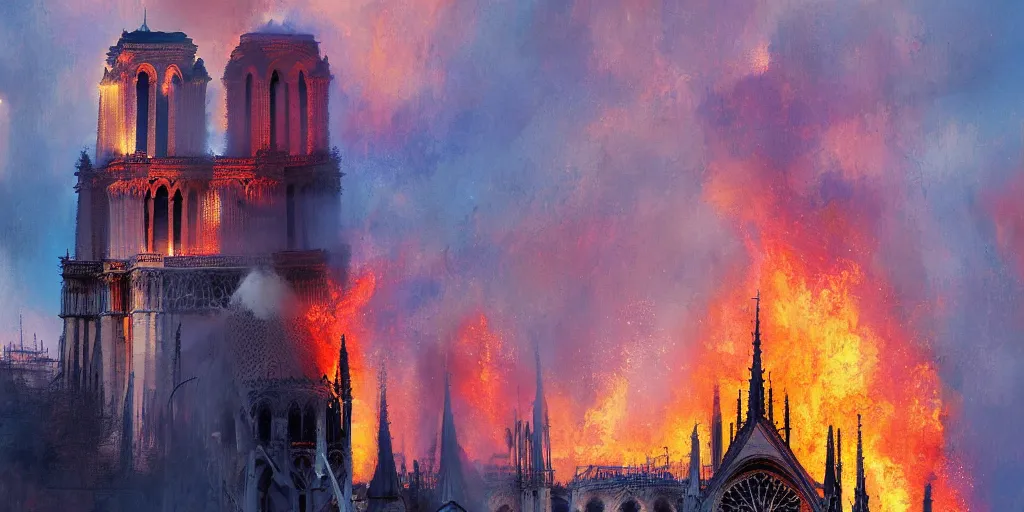 Image similar to fire engulphs the Notre Dame de Paris, abstract art by Makoto Shinkai