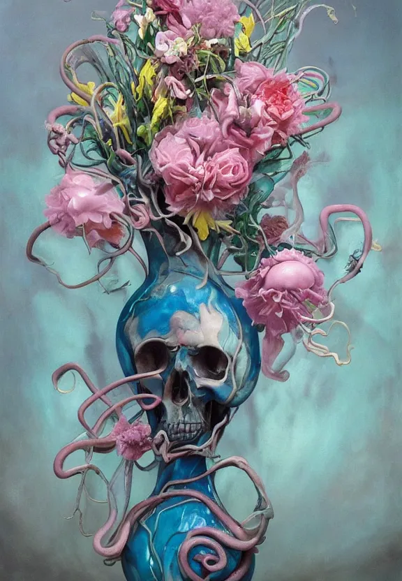 Prompt: a biomorphic painting of a vase with flowers, surrealist painting by krenz cushart and dorothea tanning, pastel blues and pinks, melting, plastic, skull, featured on artstation, tentacles, pink bees, metaphysical painting, oil on canvas, fluid acrylic pour art, airbrush art, hyper realistic, rococo, lovecraftian