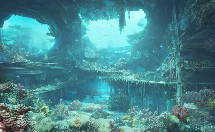 Image similar to Interior of an abandoned underwater city, overgrown with coral and fish, rendered by Beeple, by Makoto Shinkai, syd meade, synthwave style, environment concept, digital art, unreal engine, WLOP, trending on artstation, 4K UHD image, octane render,