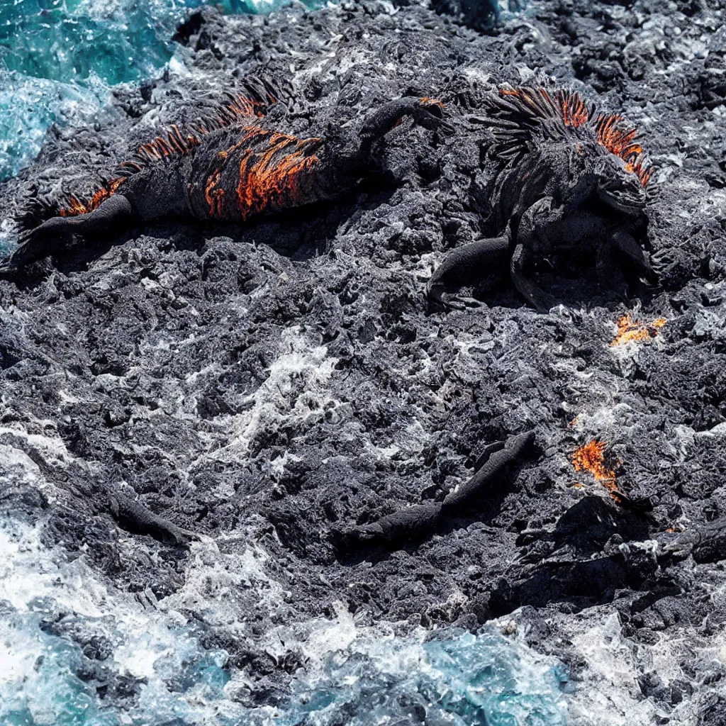 Image similar to obsidian, lava, iguanas, ocean breaking waves, national geographic, discovery, professional nature photography