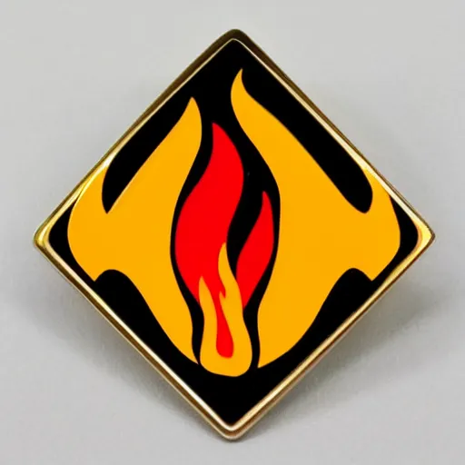 Prompt: a diamond enamel pin of a retro 1 9 8 0 s minimalistic flame fire warning label, smooth curves