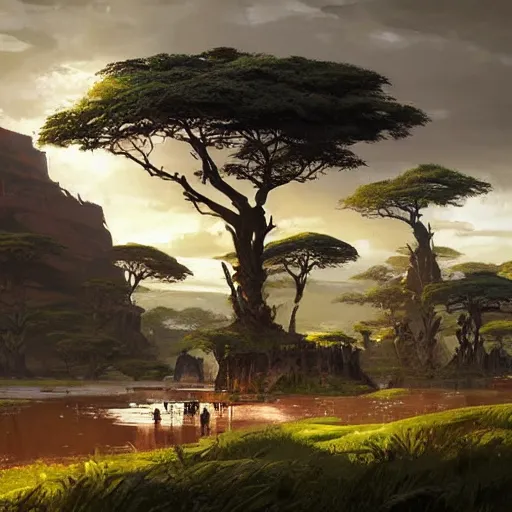 Image similar to Beautiful scenery of Wakanda, highly detailed, concept art, by Greg Rutkowski