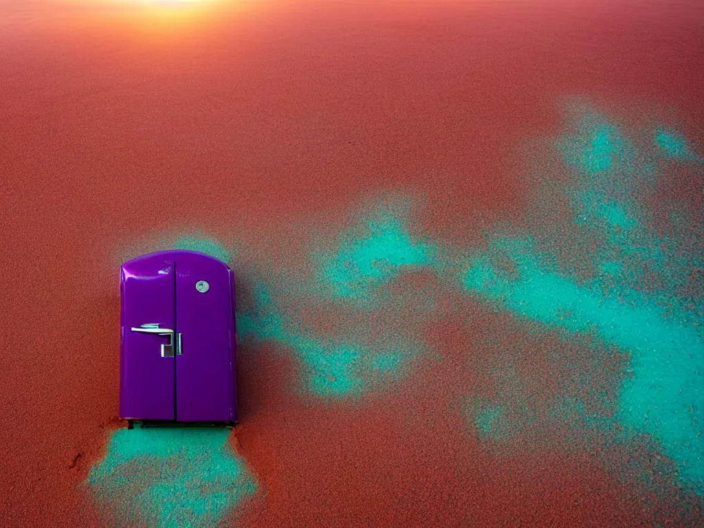 Image similar to purple refrigerator, red sand beach, green ocean, nebula sunset