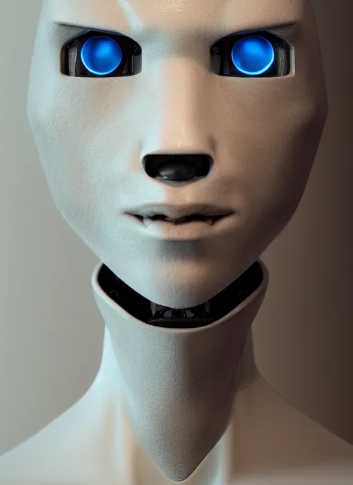 Image similar to angled facial full-head portrait of a cyberpunk bone ceramic caliente humanoid robot Spanish with an attractive face and handsome features, large blue laser eyes, macho, piroca, dotado, guapo, reflective surface, trending on cgsociety, trending on artstation