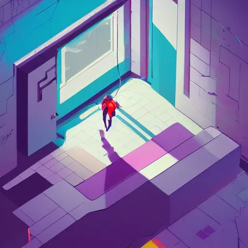 Image similar to an aerial view of a person walking through a room, concept art by James Gilleard, trending on Artstation, serial art, 2d game art, isometric, volumetric lighting