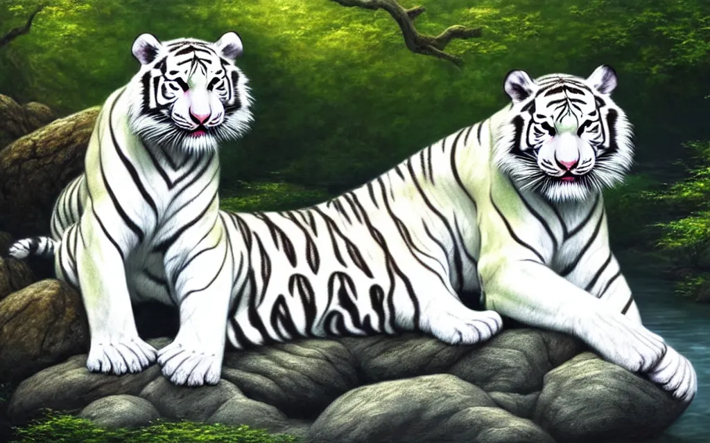 Image similar to a white tiger sitting on a large rock within a woodland creek, highly detailed, trending on pixiv, realistic oil paint artwork made in 2 0 2 0.
