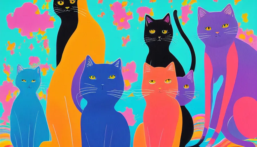 Prompt: contemporary semi abstract acrylic painting of really tall sitting cats by makoto shinkai, by lisa frank, by victo ngai, by kessler art, thick brush strokes and visible paint layers, multicolor color scheme