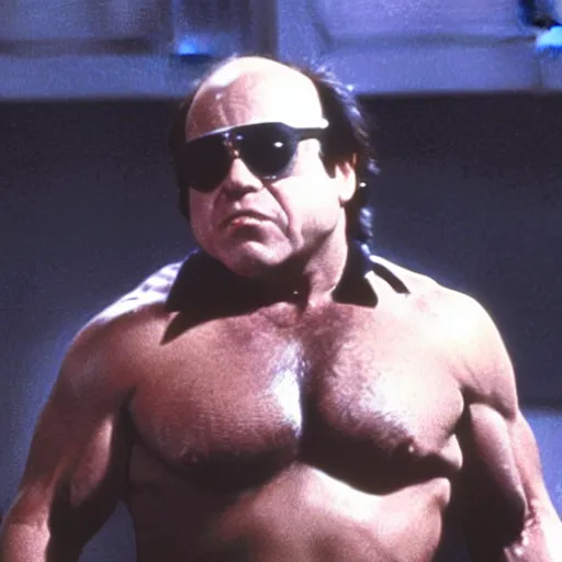 Image similar to a screenshot of Danny Devito playing The Terminator (1980s)