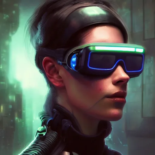 Image similar to a expressive portrait photograph of cyberpunk woman with nightvision goggles in dramatic lighting, depth of field background, artstation, concept art by jim burns and greg rutkowski, a realism masterpiece, james gilleard, bruegel, alphonse mucha, and yoshitaka amano