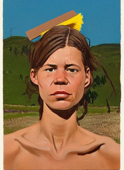 Prompt: composition by justine kurland, an extreme up - close portrait of a beautiful tan skinned light brown hair maid cleaning in a scenic representation of mother nature and the meaning of life by billy childish, thick visible brush strokes, shadowy landscape painting in the background by beal gifford, vintage postcard illustration, minimalist cover art by mitchell hooks