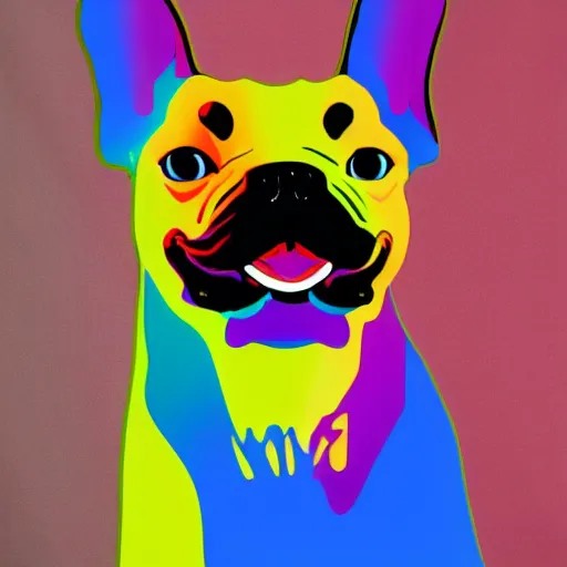 Image similar to rainbow excited smiling french bulldog. pop art.