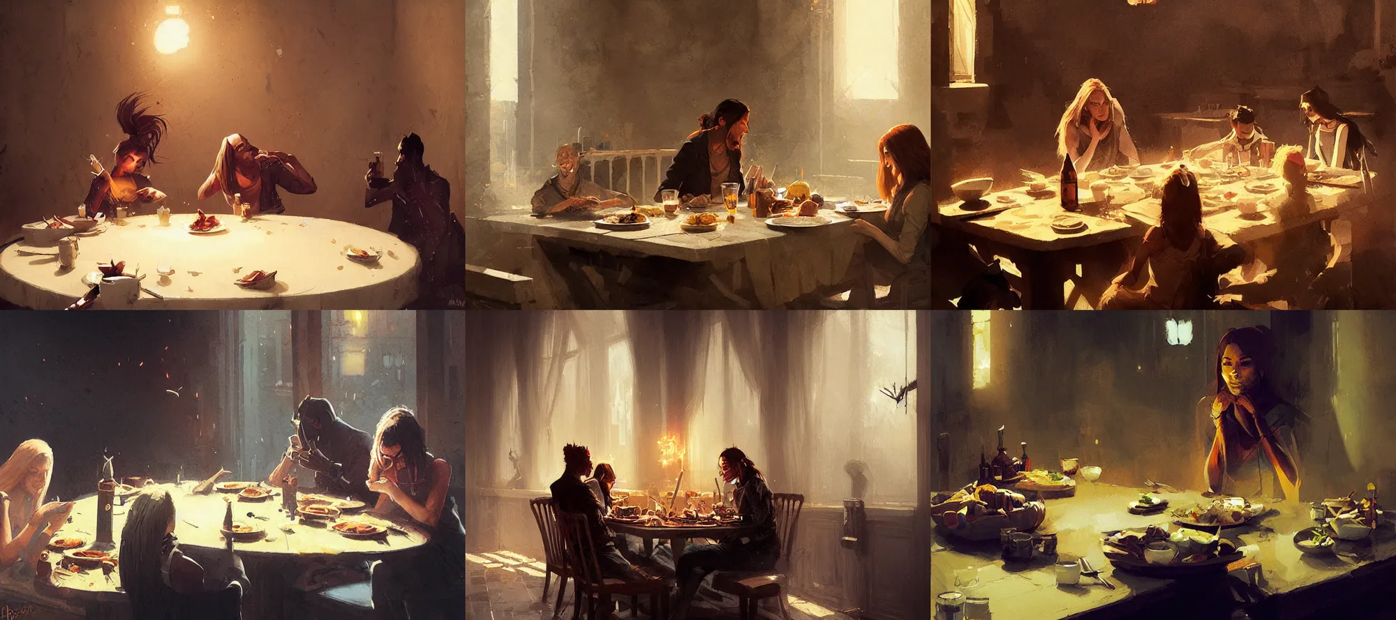 Prompt: abra eating dinner at a table happiness is temporary by greg rutkowski