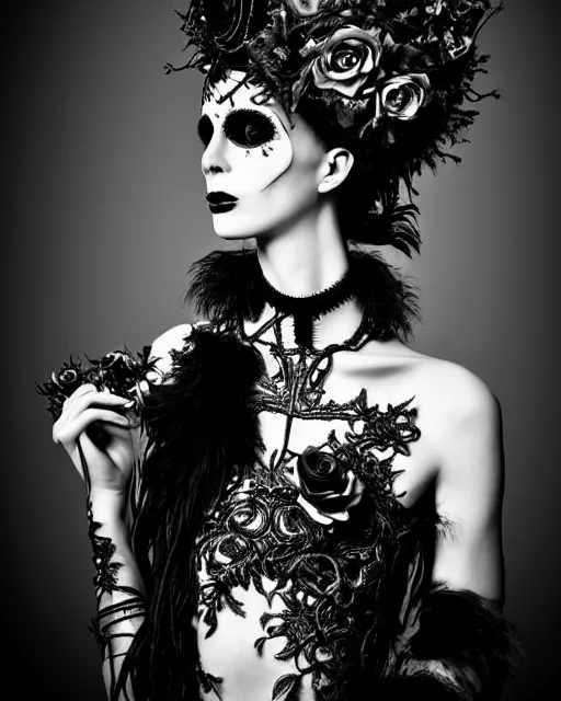 Prompt: surreal dark poetic black and white photo portrait of complex bio-mechanical beautiful young silver female vegetal-cyborg with a fur metal fine lace face, a very long neck and a fine metal floral foliage super big gothic lace collar and high big floral crown with many black dry roses by Vivienne Westwood:: smoke, high fashion, haute couture, rococo, avant-garde, dry black roses, silver filigree details, anatomical, facial muscles, cable wires, microchip, elegant, dreamy, foggy atmosphere, hyper realistic, 150 mm lens, soft rim light, octane render, unreal engine, picture was taken in 1910 by Man Ray, volumetric lighting, dramatic light,8k,