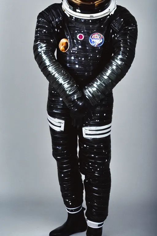 Prompt: full - length portrait of black male in a space suit, fashion studio lightning, 3 5 mm
