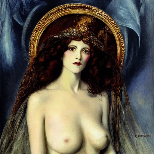 Prompt: oil painting of princess Vulvine, Hungarian, curly dark hair, fair skin, funeral veil, dark ominous by Georgia o Keeffe, by Marcel Jankowicz, Paul Ruben's, by Gustave Moreau, concept art, master, realism, romantism