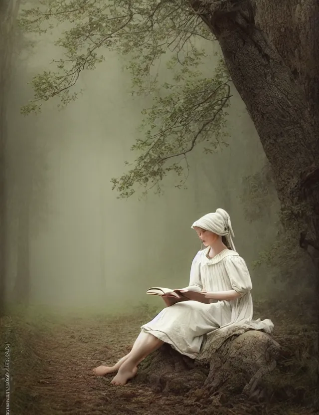 Image similar to peasant Girl in white reading a book sitting on a tree in a foggy forest, Cinematic focus, Polaroid photo, vintage, neutral colors, soft lights, by Steve Hanks, by Serov Valentin, by lisa yuskavage, by Andrei Tarkovsky 8k render, detailed, oil on canvas