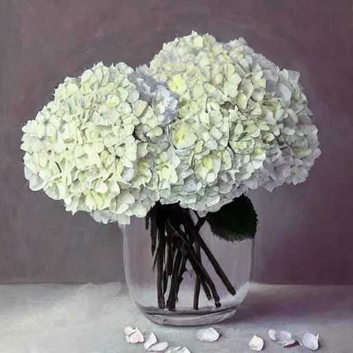 Prompt: beautiful white hydrangeas flowers soft roses and dried petals painterly emotionally evoki