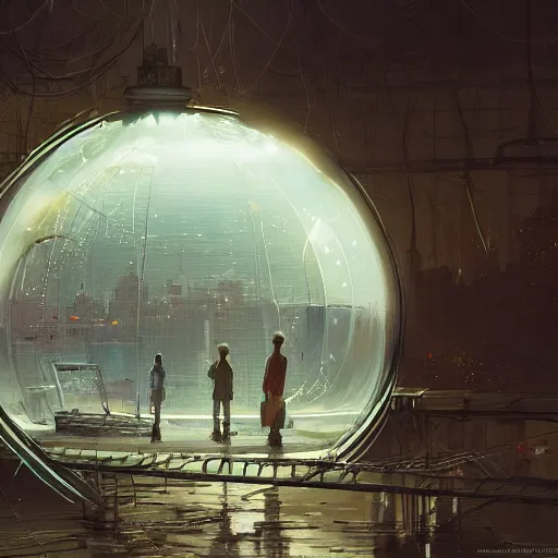 Image similar to A city trapped in a giant transparent dome, bubbles, cinematic lighting, insanely detailed, intricate, artstation, cgsociety, painted by Simon Stalenhag, Craig Mullins, concept art, illustration, sharp focus,