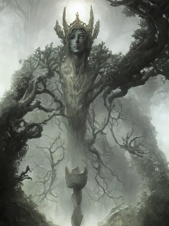 Image similar to a ultradetailed beautiful concept art of a strange and shady statue of an old and forgot divinity, made from old stone, the air seems to become oppressing around it, fantasy concept art, high resolution 4 k, by tom bagshaw, greg rutkowski, charlie bowater and artgeem