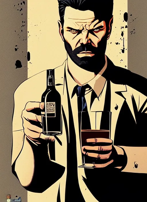 Image similar to poster artwork by Michael Whelan and Tomer Hanuka, a portrait of Max Payne drinking whisky, clean