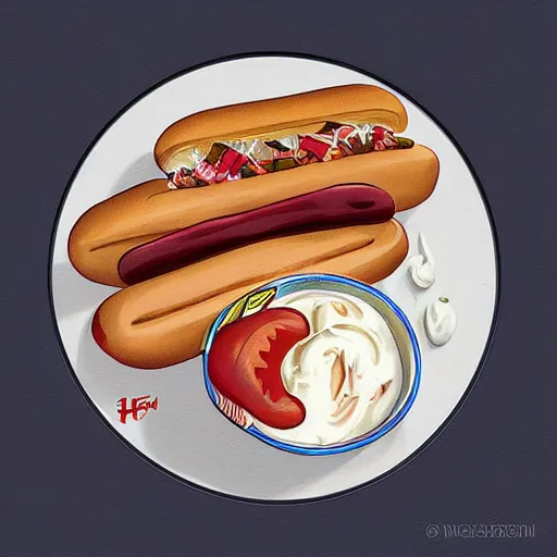 Image similar to hot dogs and yogurt is a messy meal, wlop, artgerm, mucha