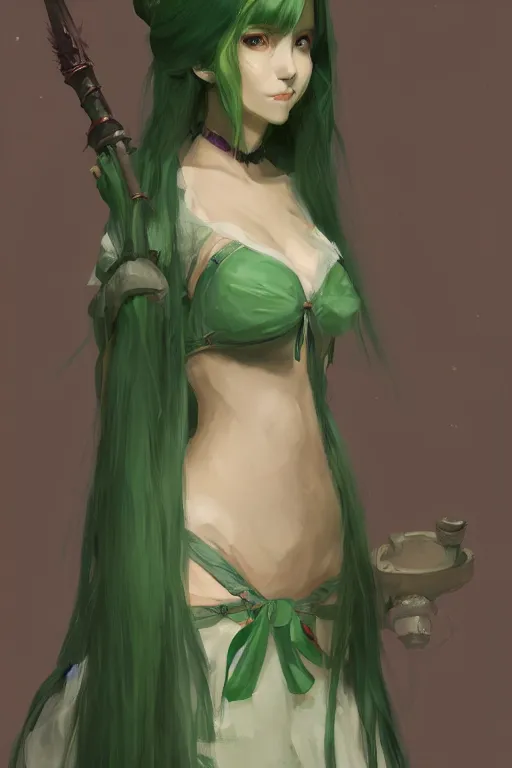 Prompt: rpg character art of a maid mage woman, green hair, highly detailed, half - body composition, by jeremy lipking, by studio ghibli, by disney, video game fanart, gorgeous face