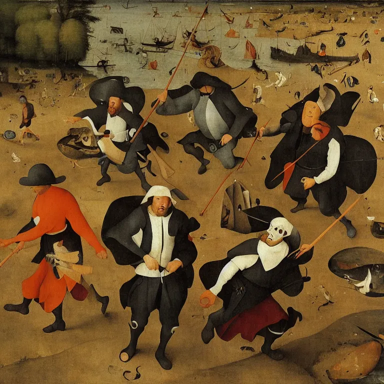 Image similar to The medium shot of three sarcastic mans with fishes running away with a small profit of money, thinking they've made a great deal, Grim Reaper laughs and follow them, by Hieronymus Bosch and Pieter Bruegel, super detailed oil painting, proportional faces, hyper realistic, 4k, masterpiece