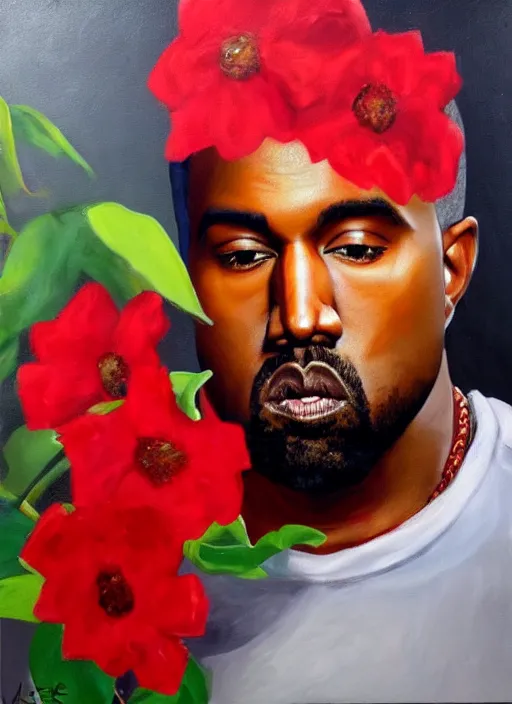 Prompt: hyperrealistic oil painting of Kanye West with red flowers in the background