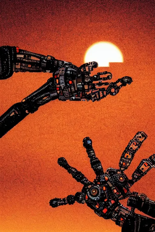 Prompt: a robotic hand reaches from off frame and is covering the sunset in a desert littered with rusty robotic bodies, book cover art, 'sea of rust'