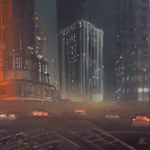 Prompt: A deeply dystopian and nightmarish scene of a huge city filled with smog, by Simon Stalenberg and Victor Alonso and Andres Rodriguez, 100mm lens, oil painting, highly coherent, enigmatic, 8k