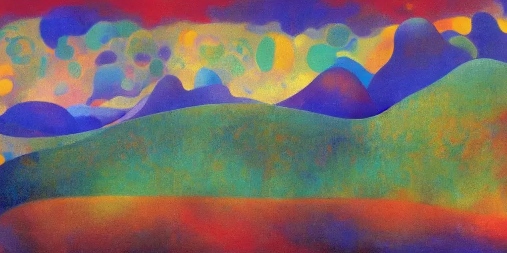 Image similar to An insane, modernist landscape painting. Wild energy patterns rippling in all directions. Curves, organic, zig-zags. Mountains, clouds. Rushing water. Waves. Psychedelic dream world. Odilon Redon. Agnes Pelton. Peter Max.