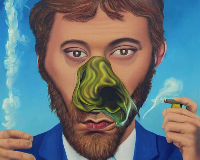 Image similar to a surreal painting of man smoking a joint