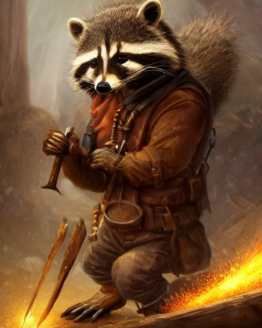 Image similar to oil painting of poor anthropomorphized raccoon miner mining gold, pickaxe, close shot, full body, dark steampunk mine shaft background, sharp focus, fantasy style, octane render, volumetric lighting, 8k high definition, by greg rutkowski, highly detailed, trending on art Station, dungeons and dragons artwork, centered