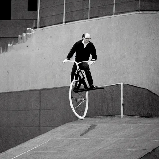 Image similar to george costanza riding a unicycle at x games magazine photo