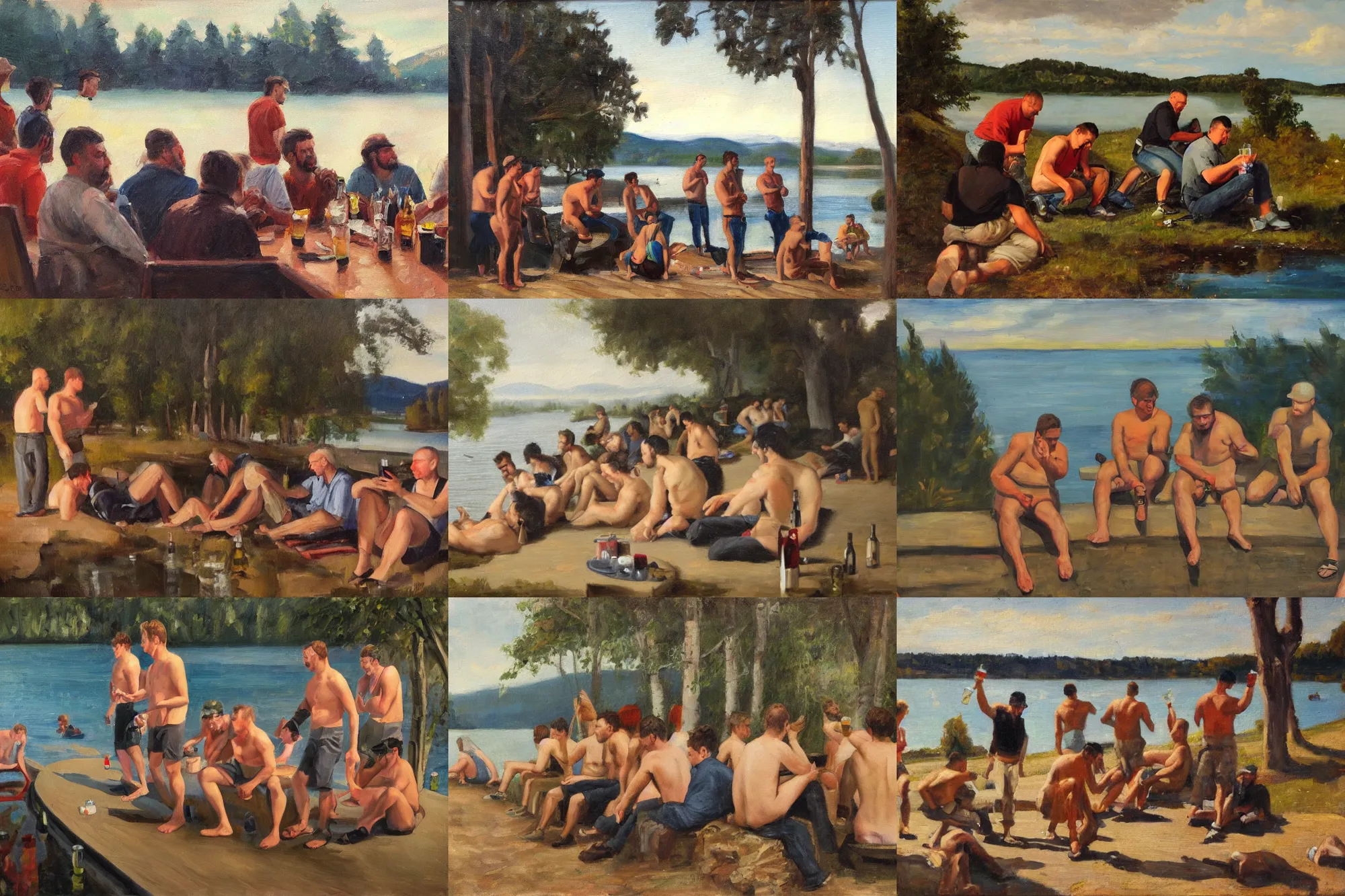 Prompt: 7 mid - thirties guys binge drinking in front of a lake, oil painting