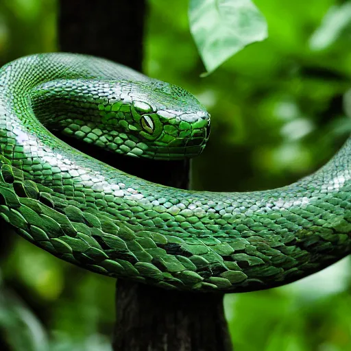 Prompt: a green serpent snake, viper, green mamba, snake in a tree