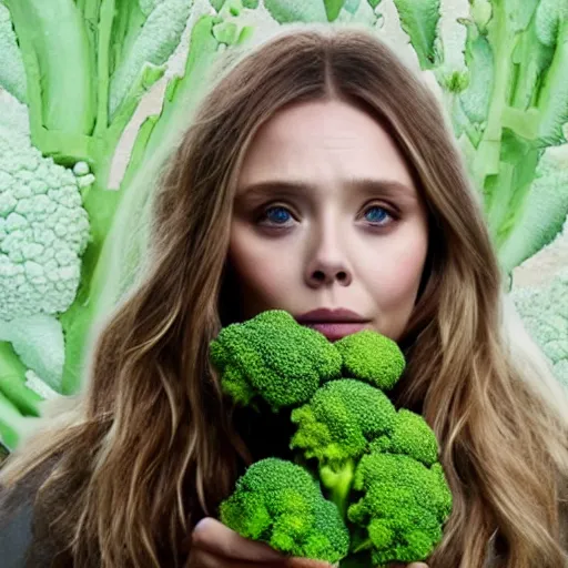 Image similar to elizabeth olsen with a [ face!!! made of broccoli ]!!, trending on cgsociety, 4 k quality, intricate