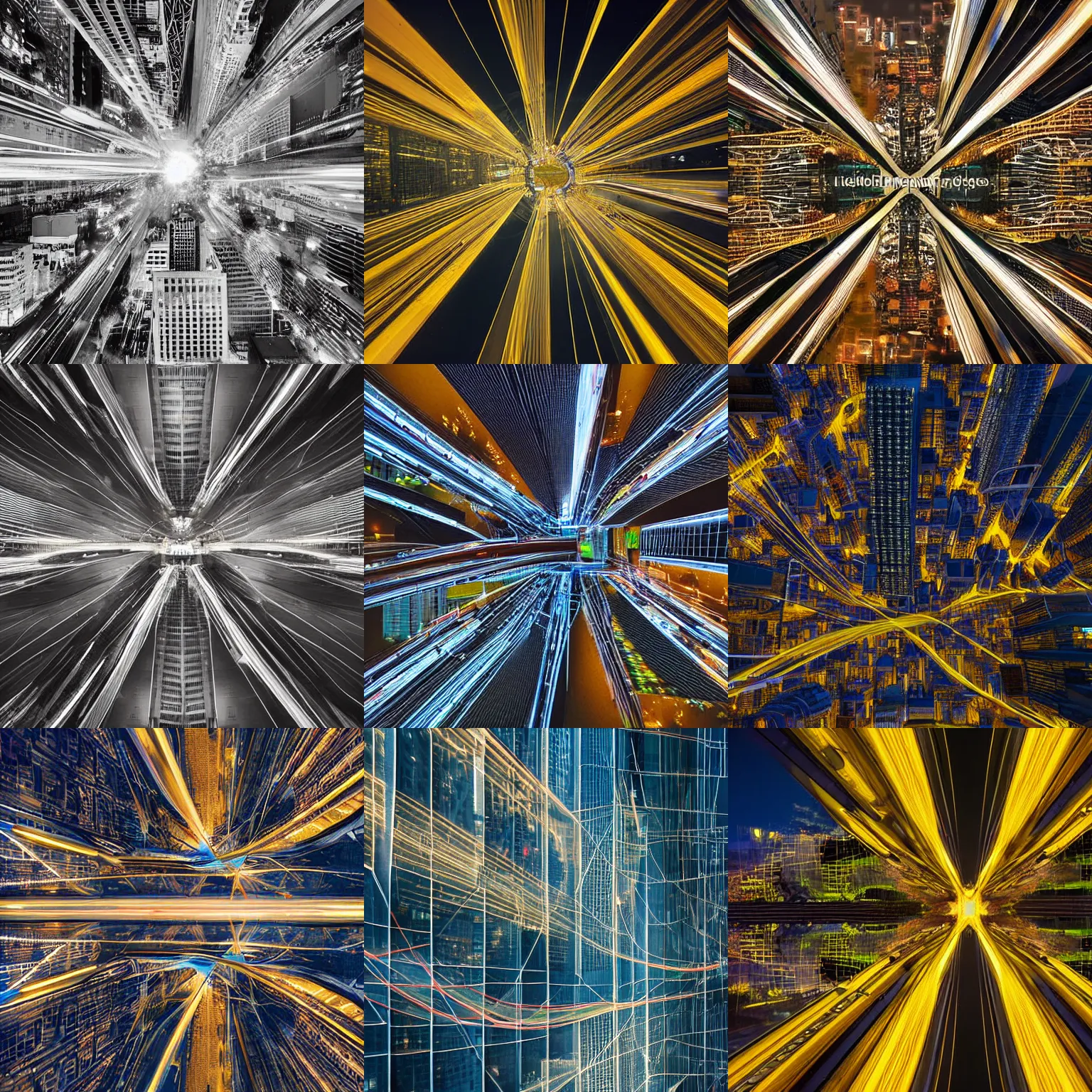 Prompt: Abstract images representing connected cities and buildings ,Traffic with light trails, from different perspectives interesting or unusual angles ,Perspective that looks up at buildings from below ,Evening or night cityscapes of buildings and roads from aerial or elevated view ,Evening or night cityscapes captured from human eye level ,Abstract facades of buildings ,Urban city view with unique angles
