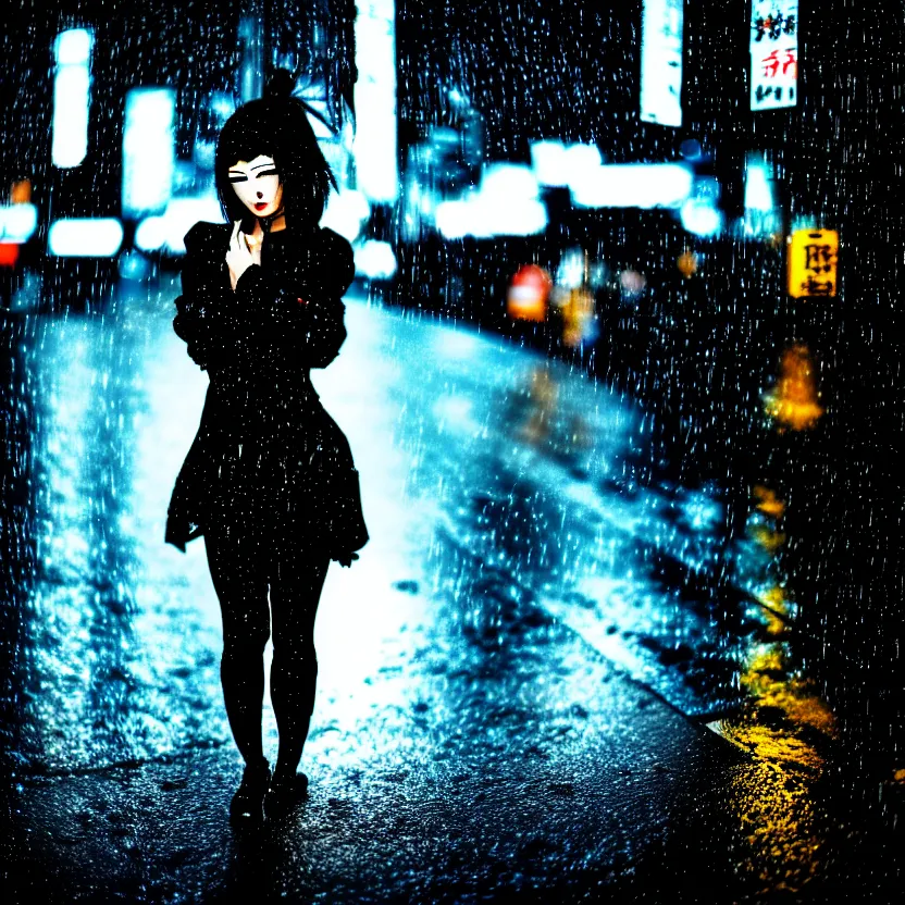 Prompt: a photo close up cyberpunk woman dancing in the rain, cyberpunk hiroshima, prefecture streets, midnight, photorealistic, cinematic lighting, highly detailed, bokeh, style by tomino - sama