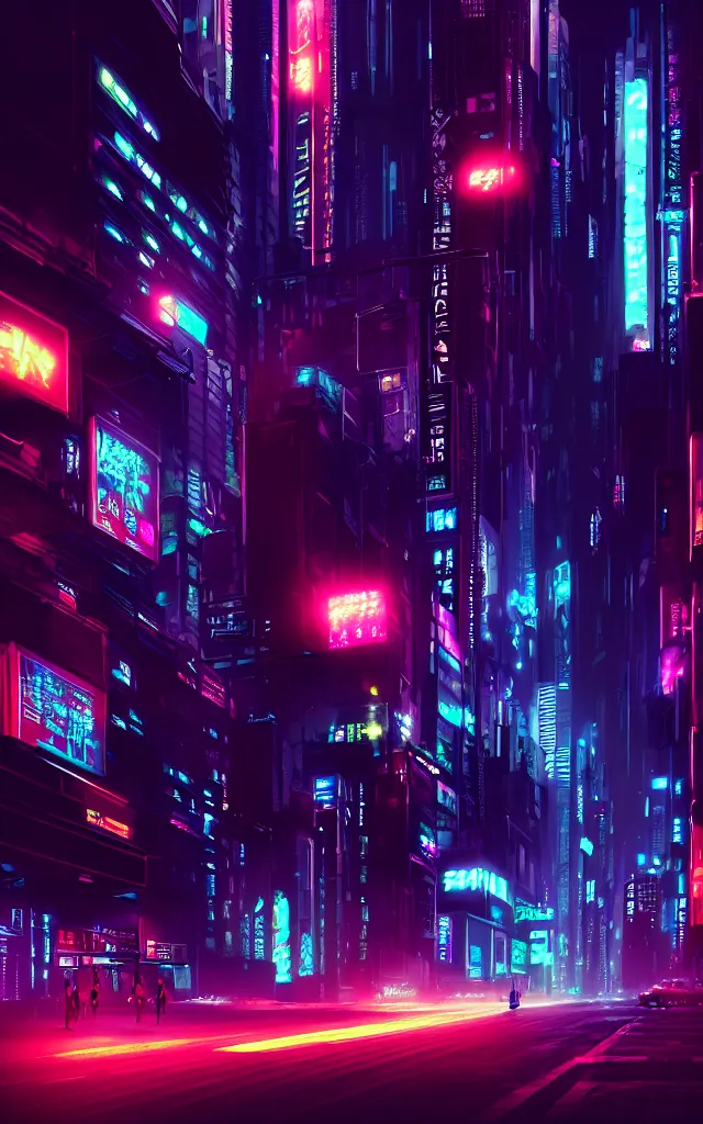 Image similar to concept art of a magnificent dark neon futuristic cyberpunk city bustling street at night cyberart in the style of liam wong in the film akira rendered in octane, 3 d render, trending on cgsociety, blender 3 d, displacement mapped