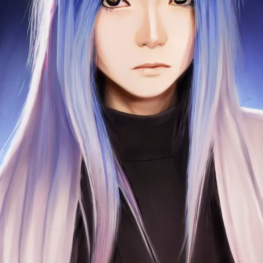 Image similar to full face shot of rimuru tempest, sky blue straight hair, long bangs, with amber eyes, wearing a fancy black jacket, high collar, ultra detailed, brush strokes, digital painting, cinematic, wlop artstation, closeup, pixiv, intense, intimidating glare, photorealistic, overpowering, andy warhol,