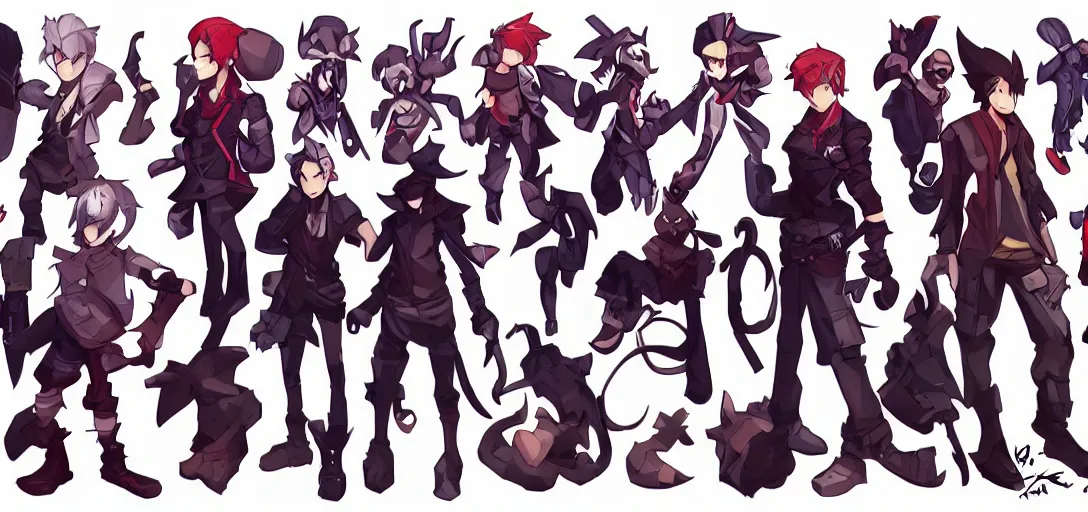 Image similar to character sheet concept art of male video game characters, disgaea, varying builds, unique silhouettes, cute casual streetwear, by marc brunet and artgerm