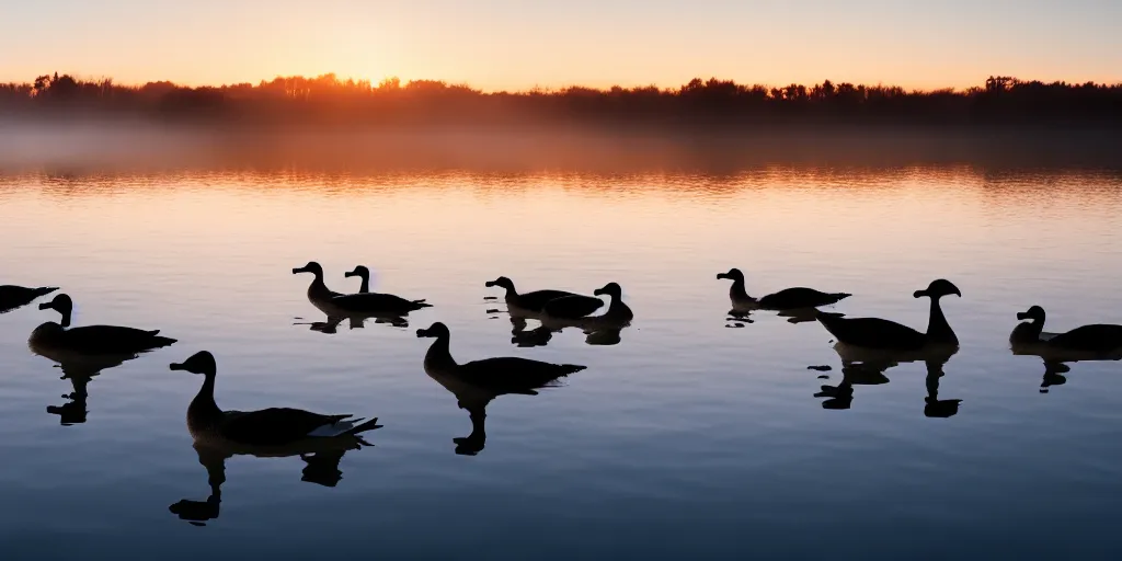 Prompt: geese swimming in a calm lake at sunrise, foggy, 4 k, trending on artstation