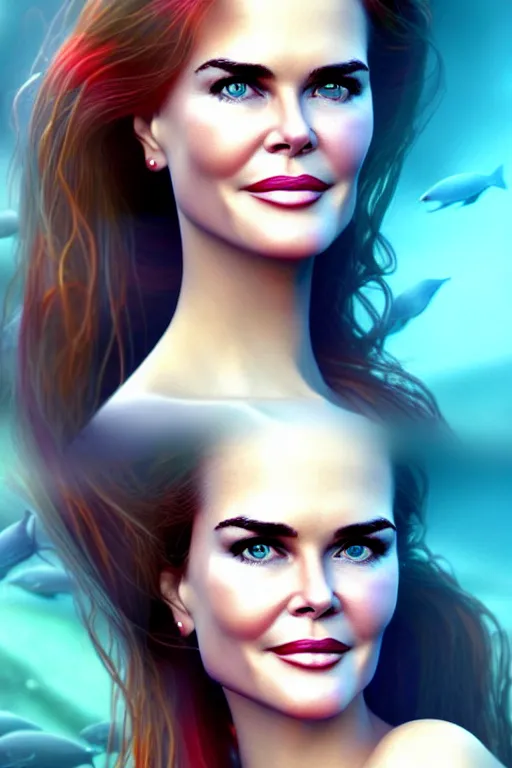 Image similar to mix of beautiful young maria shriver, mariel hemmingway, brooke shields, nicole kidman and elle macpherson as an underwater mermaid, thin lips, hair tied up in a pony tail, dark blonde hair, colorful, artstation, cgsociety