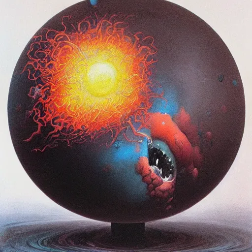 Image similar to a sphere being devoured by abstract splatters of paint in the style of francis bacon, venus being engulfed in flames in the style of james jean, surreal, beksinski, high detailed