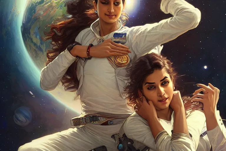 Image similar to Sensual good looking pale young Indian doctors wearing jeans in a space station above Earth, portrait, elegant, intricate, digital painting, artstation, concept art, smooth, sharp focus, illustration, art by artgerm and greg rutkowski and alphonse mucha