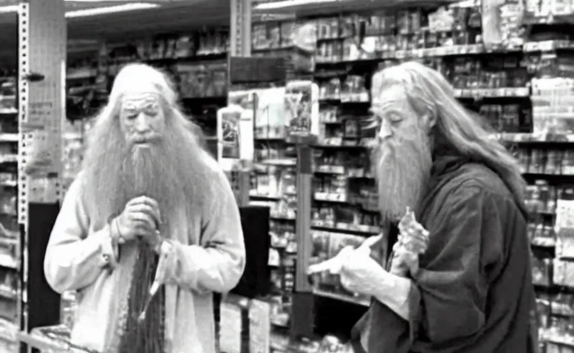 Prompt: security cam bad vhs footage of stoned gandalf smoking a joint around walmart,