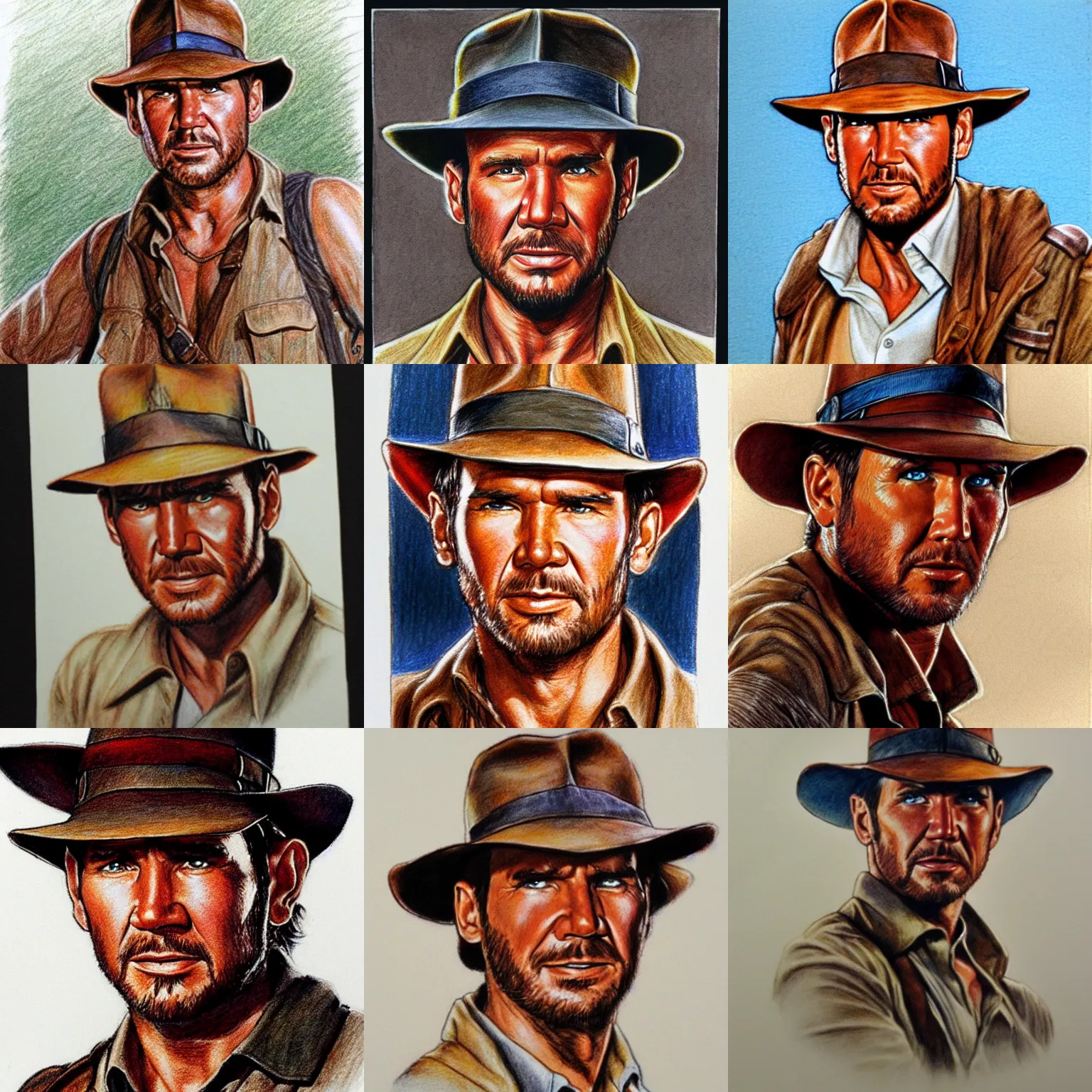 Prompt: a color pencil drawing of Indiana Jones, white background